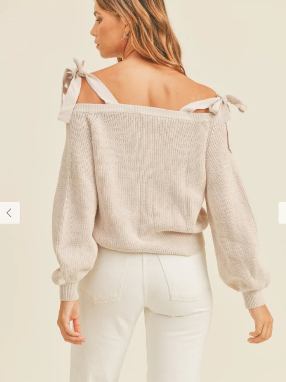 MABLE I Cream Off Shoulder Self-Tie Strap Button Down Cardigan Sweater, L - Picture 5 of 14